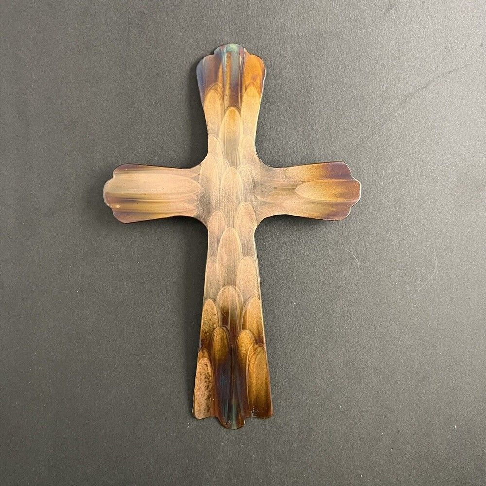 Flame Painted Copper Cross Wall Hang Decor Artisan Handmade Small 6” X 4” cottag